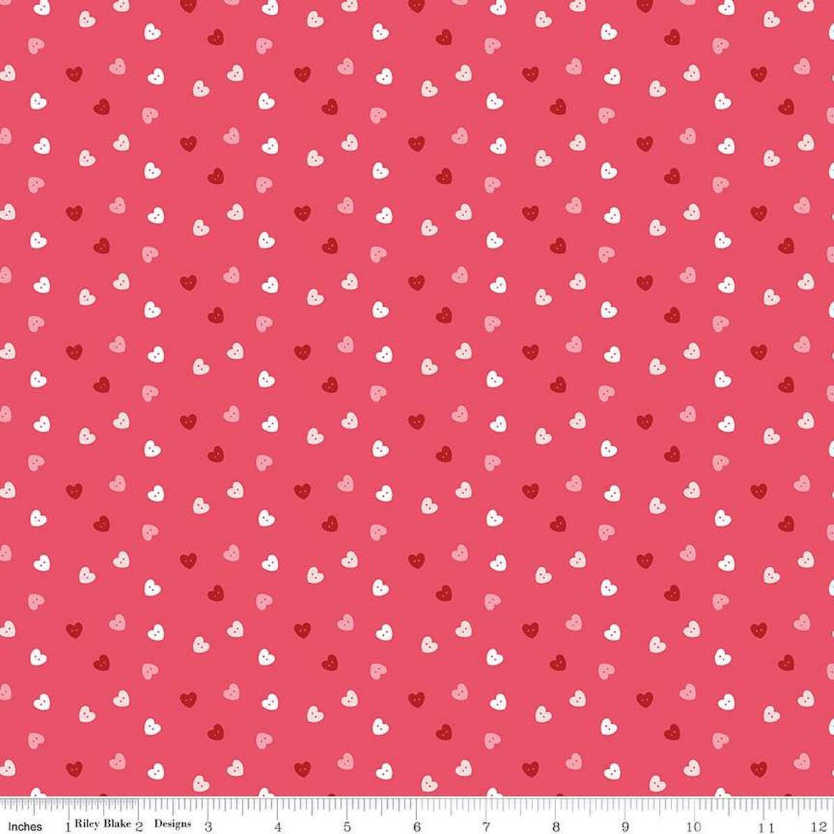 Image of Sew In Love Hearts Pink quilting cotton fabric by Dan Mogstad for Riley Blake Designs. Features hearts on a pink background. Cute Little Fabric Shop
