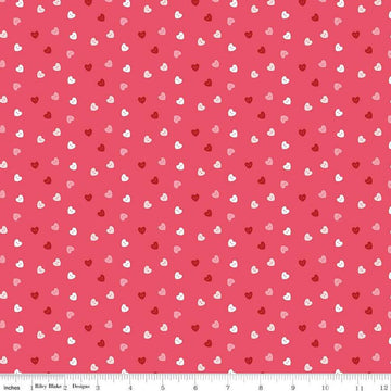 Image of Sew In Love Hearts Pink quilting cotton fabric by Dan Mogstad for Riley Blake Designs. Features hearts on a pink background. Cute Little Fabric Shop
