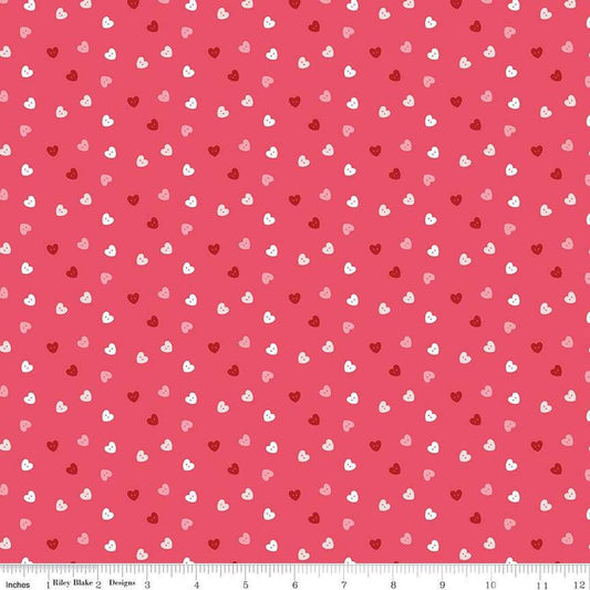 Image of Sew In Love Hearts Pink quilting cotton fabric by Dan Mogstad for Riley Blake Designs. Features hearts on a pink background. Cute Little Fabric Shop