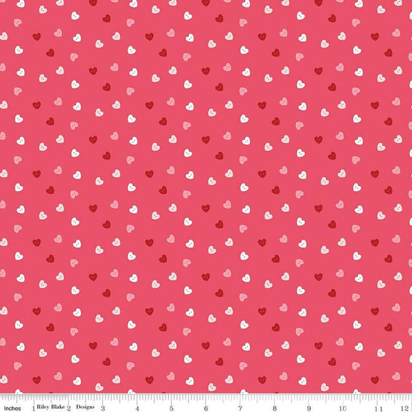 Image of Sew In Love Hearts Pink quilting cotton fabric by Dan Mogstad for Riley Blake Designs. Features hearts on a pink background. Cute Little Fabric Shop