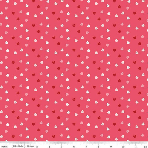 Image of Sew In Love Hearts Pink quilting cotton fabric by Dan Mogstad for Riley Blake Designs. Features hearts on a pink background. Cute Little Fabric Shop