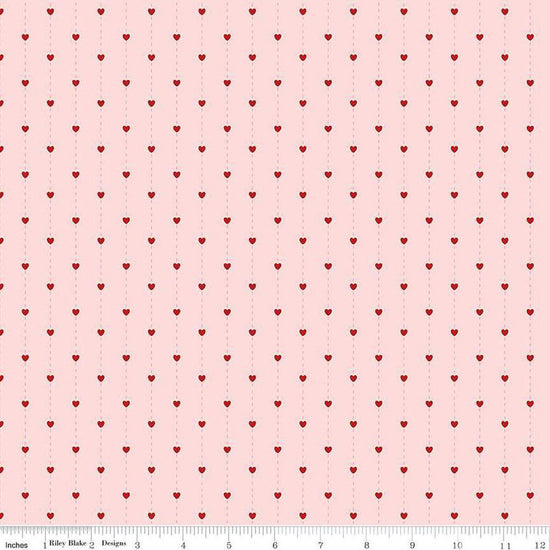Image of Sew In Love Stripes Blush quilting cotton fabric by Dan Mogstad for Riley Blake Designs. Features stripes on a pink background. Cute Little Fabric Shop