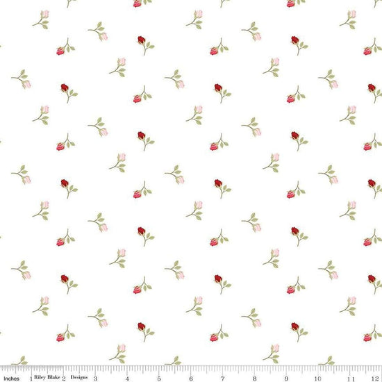 Image of Sew In Love Rosebuds White quilting cotton fabric by Dan Mogstad for Riley Blake Designs. Features roses on a white background. Cute Little Fabric Shop