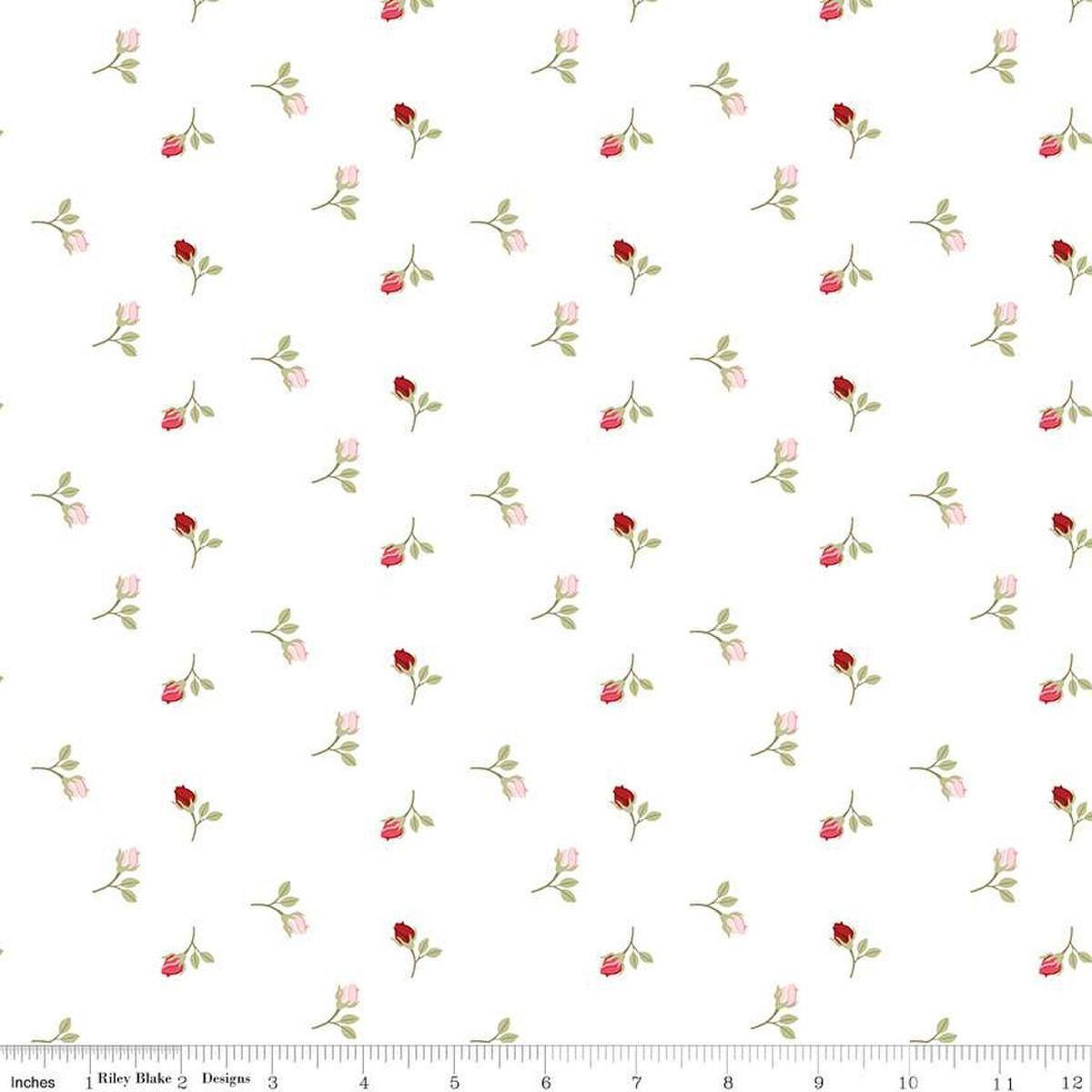 Image of Sew In Love Rosebuds White quilting cotton fabric by Dan Mogstad for Riley Blake Designs. Features roses on a white background. Cute Little Fabric Shop