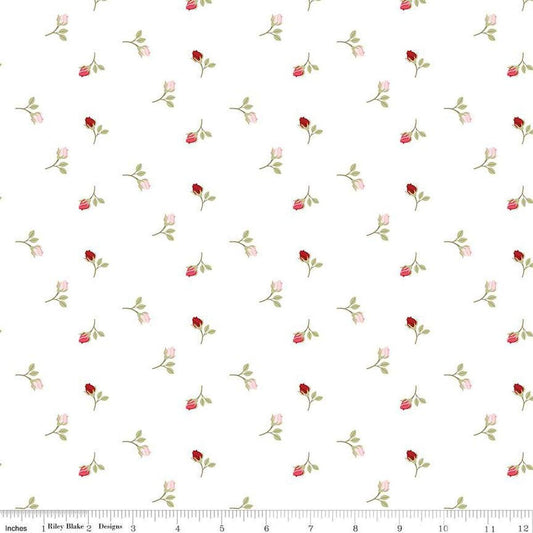 Image of Sew In Love Rosebuds White quilting cotton fabric by Dan Mogstad for Riley Blake Designs. Features roses on a white background. Cute Little Fabric Shop
