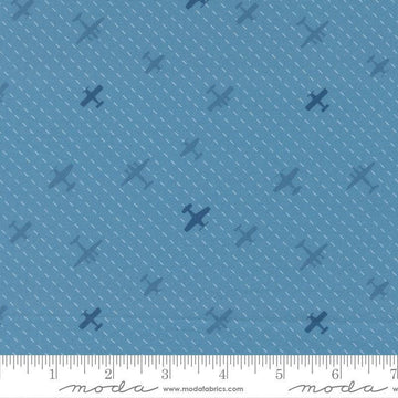 Image of High Flight Airplanes Lake quilting cotton fabric by Sariditty for Moda Fabric. Features airplanes on a blue background. Cute Little Fabric Shop