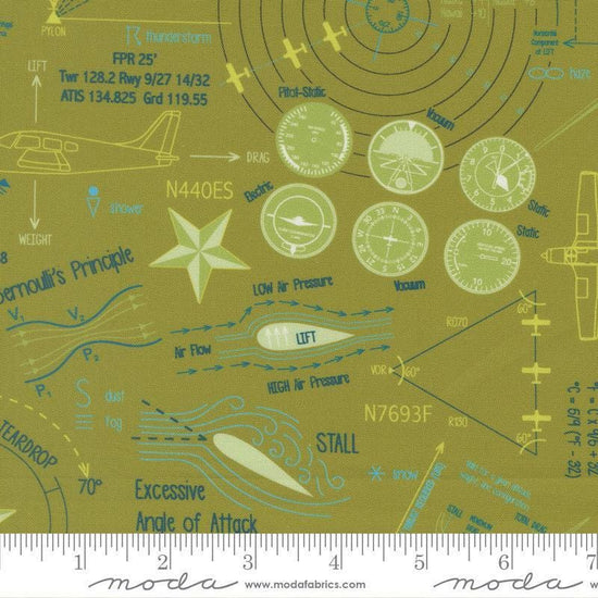 Image of High Flight Blueprint Grass quilting cotton fabric by Sariditty for Moda Fabric. Features blueprint on a green background. Cute Little Fabric Shop