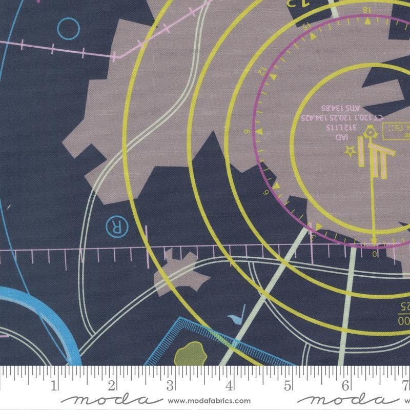 Image of High Flight Map Navy quilting cotton fabric by Sariditty for Moda Fabric. Features map on a blue background. Cute Little Fabric Shop