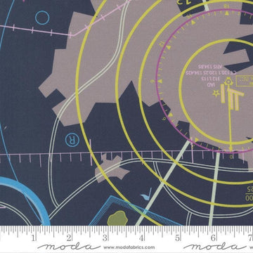 Image of High Flight Map Navy quilting cotton fabric by Sariditty for Moda Fabric. Features map on a blue background. Cute Little Fabric Shop