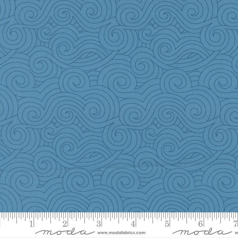 Image of High Flight Swirls Lake quilting cotton fabric by Sariditty for Moda Fabric. Features swirls on a blue background. Cute Little Fabric Shop