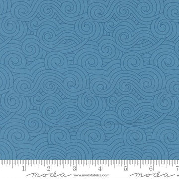Image of High Flight Swirls Lake quilting cotton fabric by Sariditty for Moda Fabric. Features swirls on a blue background. Cute Little Fabric Shop