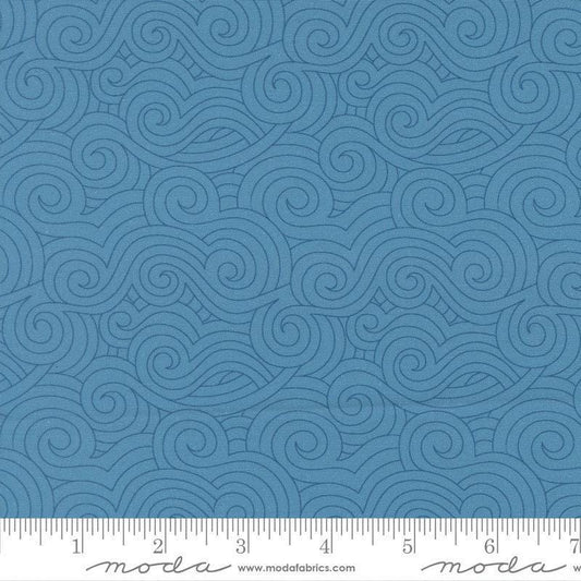 Image of High Flight Swirls Lake quilting cotton fabric by Sariditty for Moda Fabric. Features swirls on a blue background. Cute Little Fabric Shop