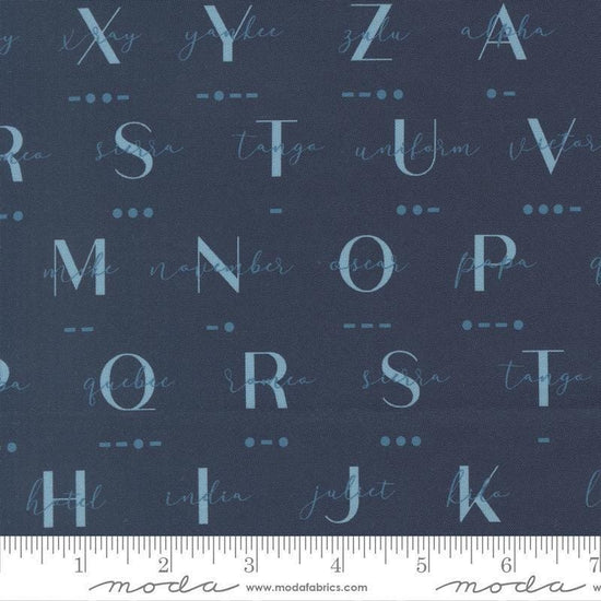 Image of High Flight Morse Navy quilting cotton fabric by Sariditty for Moda Fabric. Features text on a blue background. Cute Little Fabric Shop
