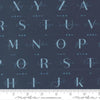 Image of High Flight Morse Navy quilting cotton fabric by Sariditty for Moda Fabric. Features text on a blue background. Cute Little Fabric Shop