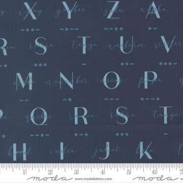 Image of High Flight Morse Navy quilting cotton fabric by Sariditty for Moda Fabric. Features text on a blue background. Cute Little Fabric Shop