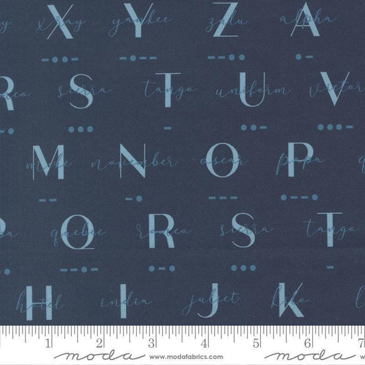 Image of High Flight Morse Navy quilting cotton fabric by Sariditty for Moda Fabric. Features text on a blue background. Cute Little Fabric Shop