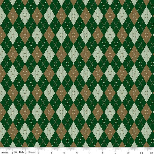 Image of Plaid-Venture Club Archer Forest quilting cotton fabric by by the RBD Designers for Riley Blake Designs. Features argyle on a green background. Cute Little Fabric Shop