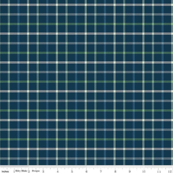 Image of Plaid-Venture Club Camper Navy quilting cotton fabric by by the RBD Designers for Riley Blake Designs. Features plaid on a blue background. Cute Little Fabric Shop
