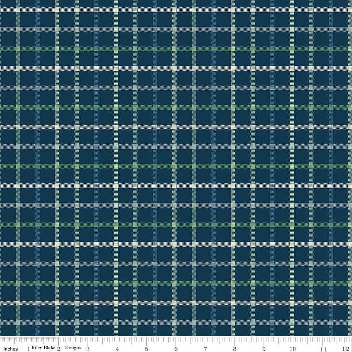 Image of Plaid-Venture Club Camper Navy quilting cotton fabric by by the RBD Designers for Riley Blake Designs. Features plaid on a blue background. Cute Little Fabric Shop