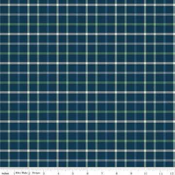 Image of Plaid-Venture Club Camper Navy quilting cotton fabric by by the RBD Designers for Riley Blake Designs. Features plaid on a blue background. Cute Little Fabric Shop