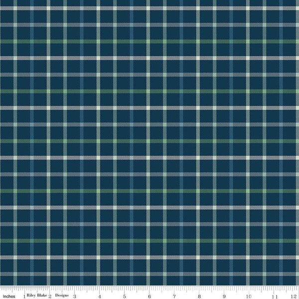 Image of Plaid-Venture Club Camper Navy quilting cotton fabric by by the RBD Designers for Riley Blake Designs. Features plaid on a blue background. Cute Little Fabric Shop