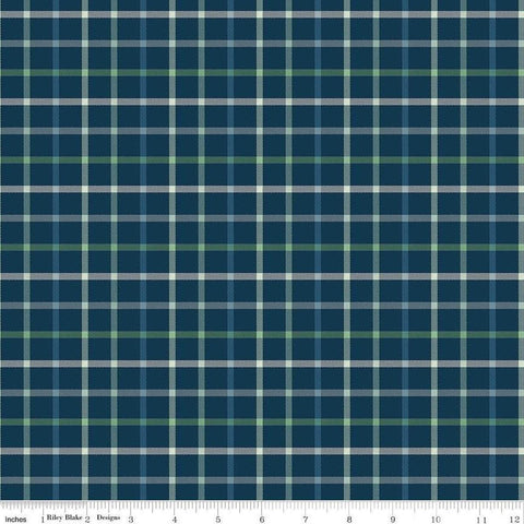 Image of Plaid-Venture Club Camper Navy quilting cotton fabric by by the RBD Designers for Riley Blake Designs. Features plaid on a blue background. Cute Little Fabric Shop