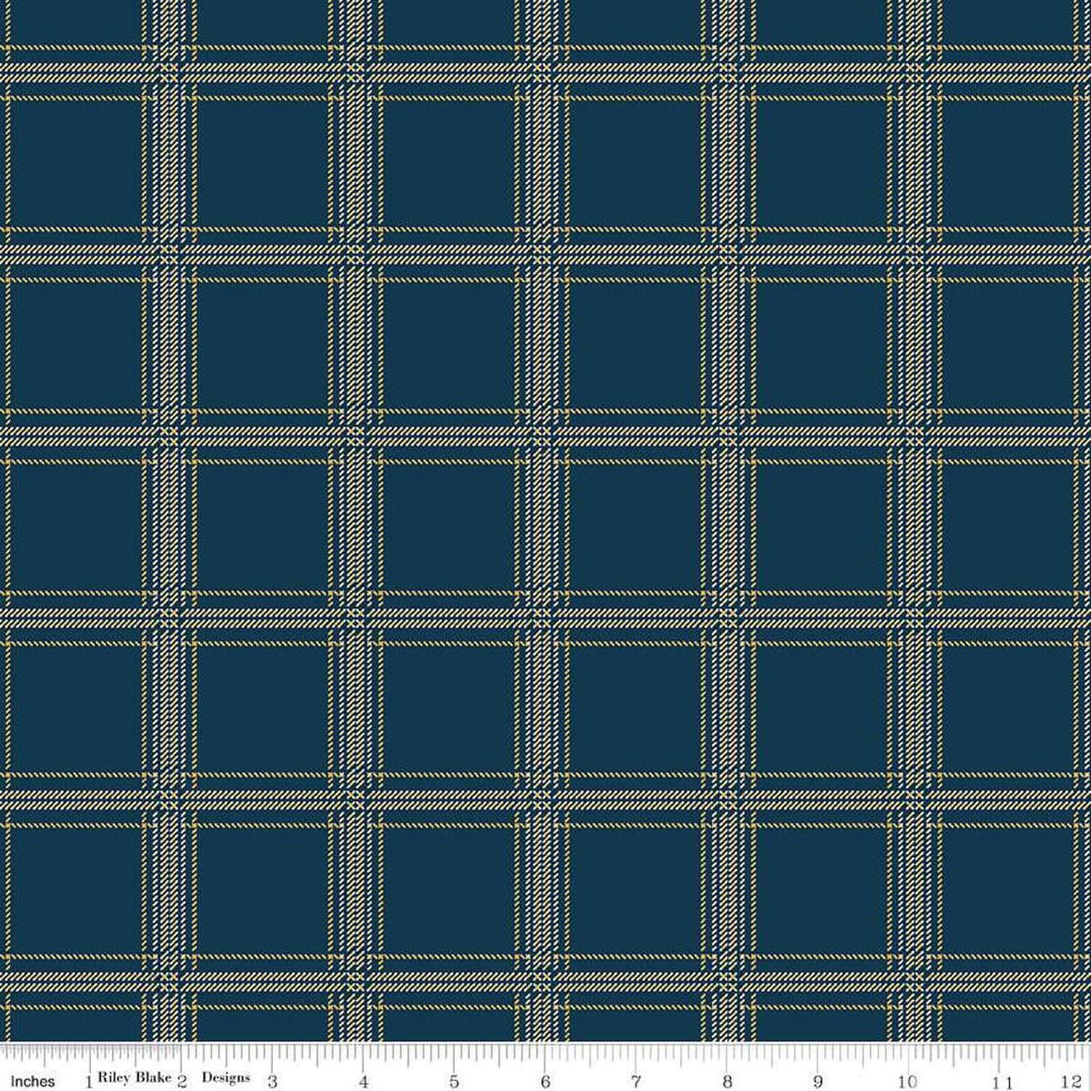 Image of Plaid-Venture Club Hunter Navy quilting cotton fabric by by the RBD Designers for Riley Blake Designs. Features plaid on a blue background. Cute Little Fabric Shop