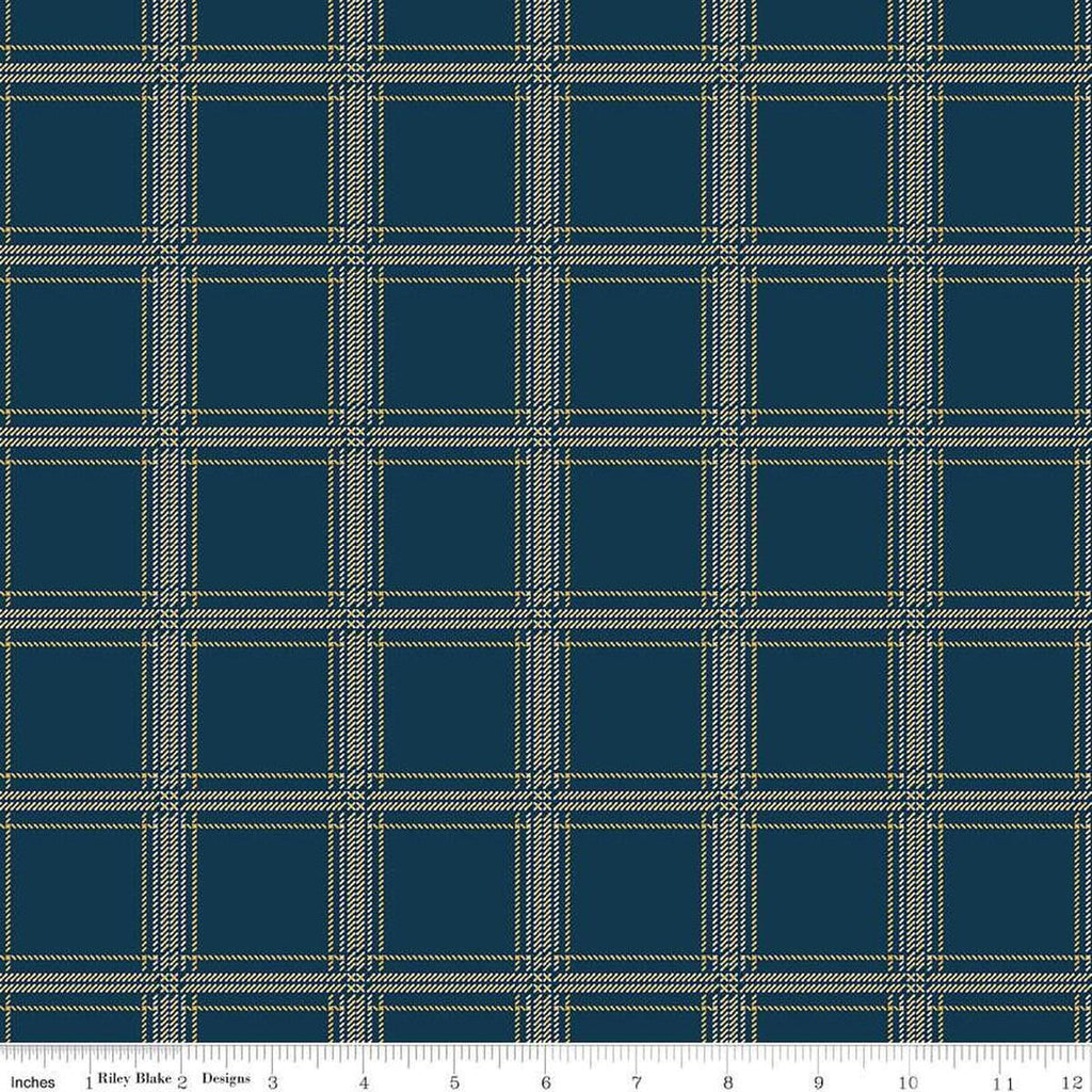 Image of Plaid-Venture Club Hunter Navy quilting cotton fabric by by the RBD Designers for Riley Blake Designs. Features plaid on a blue background. Cute Little Fabric Shop