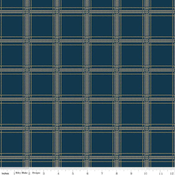 Image of Plaid-Venture Club Hunter Navy quilting cotton fabric by by the RBD Designers for Riley Blake Designs. Features plaid on a blue background. Cute Little Fabric Shop