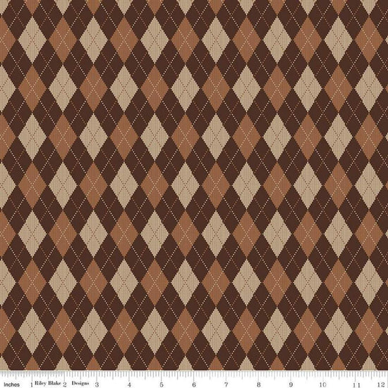 Image of Plaid-Venture Club Archer Brown quilting cotton fabric by by the RBD Designers for Riley Blake Designs. Features argyle on a brown background. Cute Little Fabric Shop