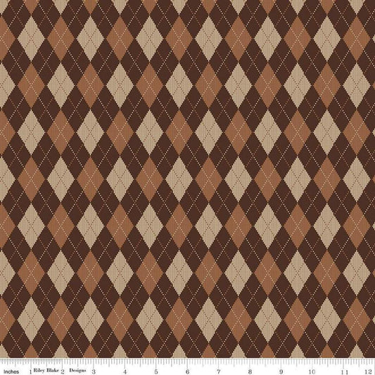 Image of Plaid-Venture Club Archer Brown quilting cotton fabric by by the RBD Designers for Riley Blake Designs. Features argyle on a brown background. Cute Little Fabric Shop