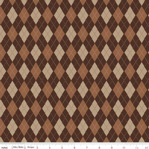 Image of Plaid-Venture Club Archer Brown quilting cotton fabric by by the RBD Designers for Riley Blake Designs. Features argyle on a brown background. Cute Little Fabric Shop