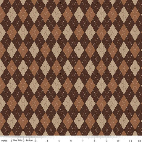 Image of Plaid-Venture Club Archer Brown quilting cotton fabric by by the RBD Designers for Riley Blake Designs. Features argyle on a brown background. Cute Little Fabric Shop