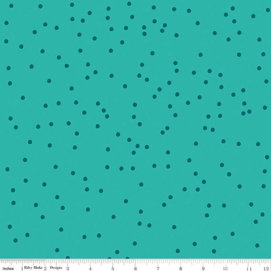 Image of On The Dot Peacock quilting cotton fabric by Sew Yeah Quilting for Riley Blake Designs. Features dots on a blue background. Cute Little Fabric Shop