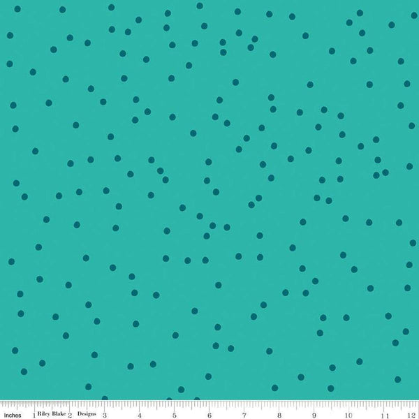 Image of On The Dot Peacock quilting cotton fabric by Sew Yeah Quilting for Riley Blake Designs. Features dots on a blue background. Cute Little Fabric Shop