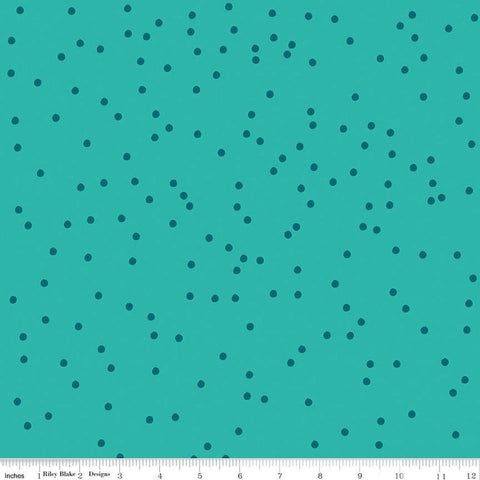 Image of On The Dot Peacock quilting cotton fabric by Sew Yeah Quilting for Riley Blake Designs. Features dots on a blue background. Cute Little Fabric Shop