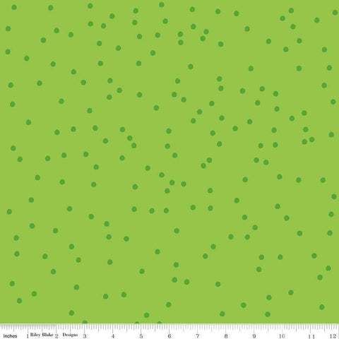 Image of On The Dot Kiwi quilting cotton fabric by Sew Yeah Quilting for Riley Blake Designs. Features dots on a green background. Cute Little Fabric Shop