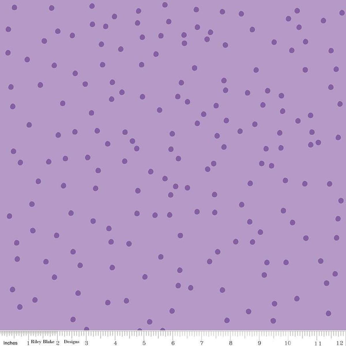 Image of On The Dot Unicorn quilting cotton fabric by Sew Yeah Quilting for Riley Blake Designs. Features dots on a purple background. Cute Little Fabric Shop