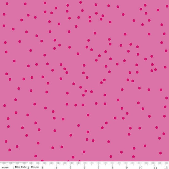 Image of On The Dot Bubblegum quilting cotton fabric by Sew Yeah Quilting for Riley Blake Designs. Features dots on a pink background. Cute Little Fabric Shop