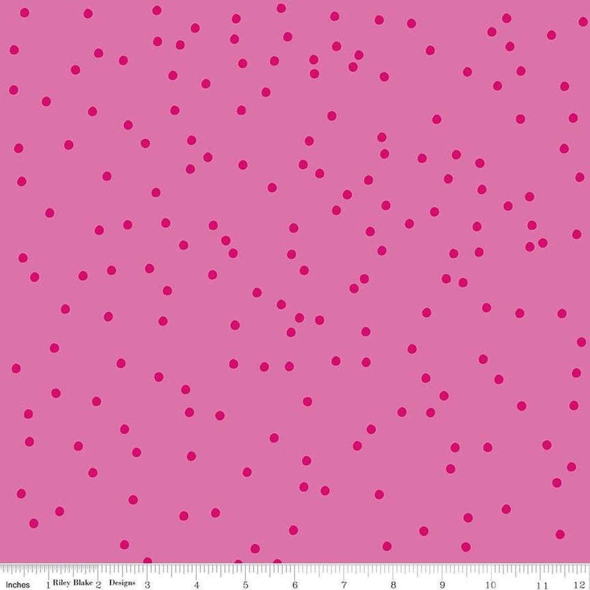 Image of On The Dot Bubblegum quilting cotton fabric by Sew Yeah Quilting for Riley Blake Designs. Features dots on a pink background. Cute Little Fabric Shop