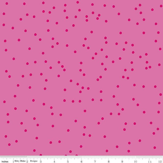 Image of On The Dot Bubblegum quilting cotton fabric by Sew Yeah Quilting for Riley Blake Designs. Features dots on a pink background. Cute Little Fabric Shop