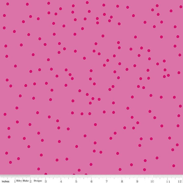 Image of On The Dot Bubblegum quilting cotton fabric by Sew Yeah Quilting for Riley Blake Designs. Features dots on a pink background. Cute Little Fabric Shop