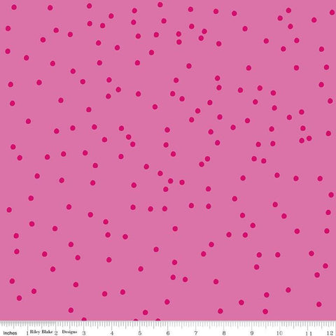 Image of On The Dot Bubblegum quilting cotton fabric by Sew Yeah Quilting for Riley Blake Designs. Features dots on a pink background. Cute Little Fabric Shop