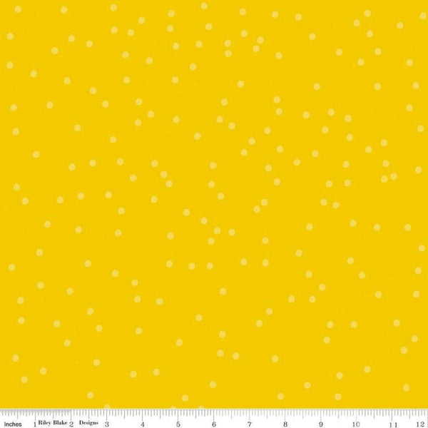 Image of On The Dot Sunburst quilting cotton fabric by Sew Yeah Quilting for Riley Blake Designs. Features dots on a yellow background. Cute Little Fabric Shop
