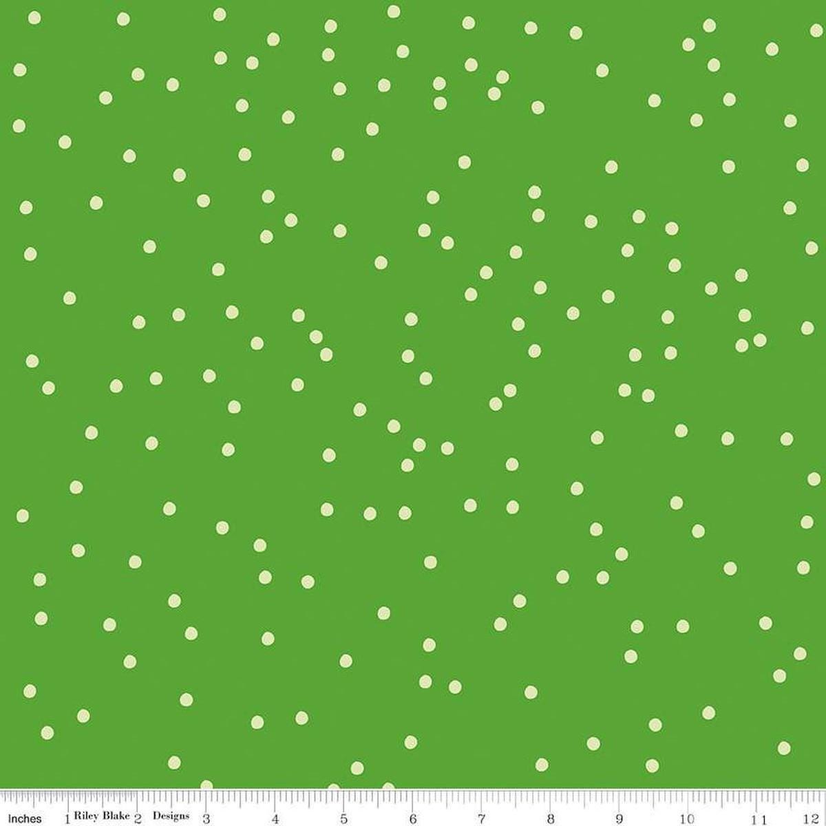 Image of On The Dot Meadow quilting cotton fabric by Sew Yeah Quilting for Riley Blake Designs. Features dots on a green background. Cute Little Fabric Shop
