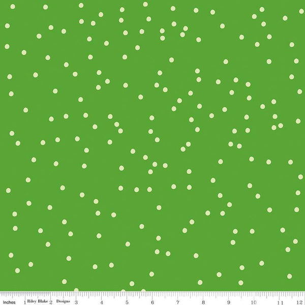 Image of On The Dot Meadow quilting cotton fabric by Sew Yeah Quilting for Riley Blake Designs. Features dots on a green background. Cute Little Fabric Shop