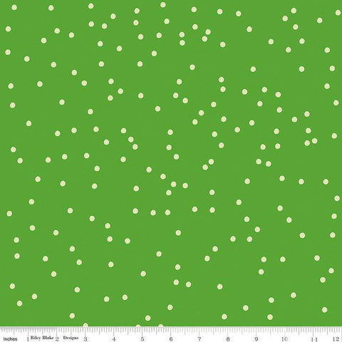 Image of On The Dot Meadow quilting cotton fabric by Sew Yeah Quilting for Riley Blake Designs. Features dots on a green background. Cute Little Fabric Shop