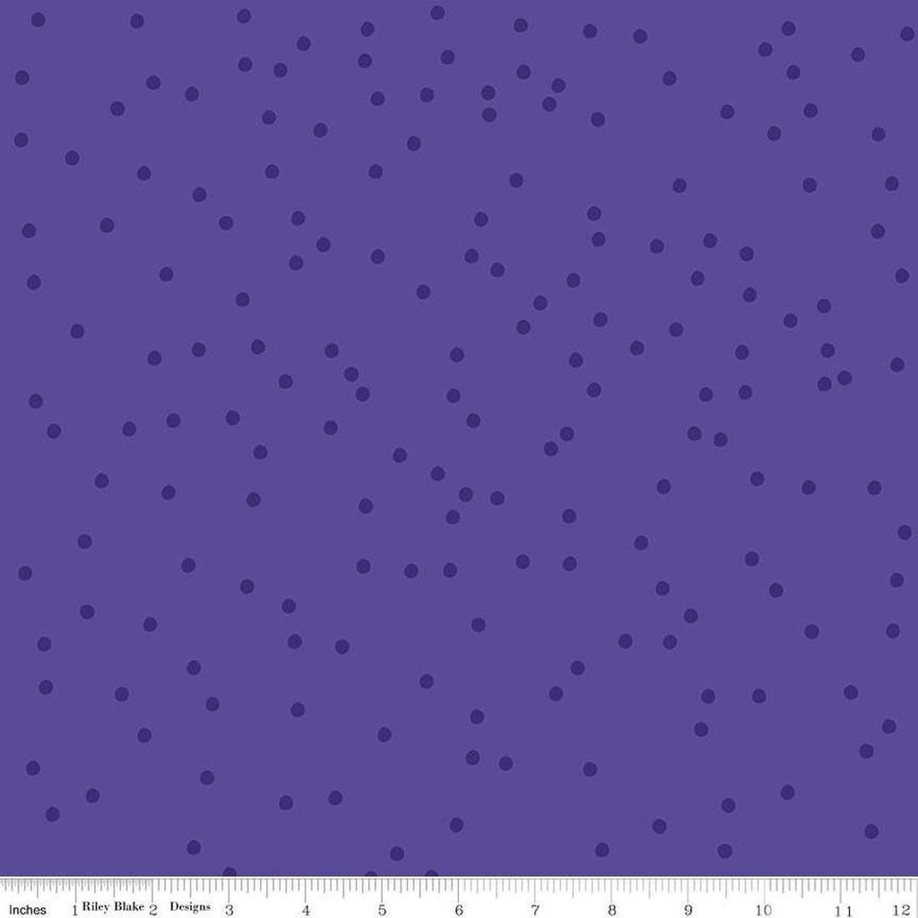 Image of On The Dot Majestic quilting cotton fabric by Sew Yeah Quilting for Riley Blake Designs. Features dots on a purple background. Cute Little Fabric Shop