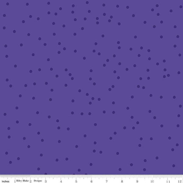 Image of On The Dot Majestic quilting cotton fabric by Sew Yeah Quilting for Riley Blake Designs. Features dots on a purple background. Cute Little Fabric Shop
