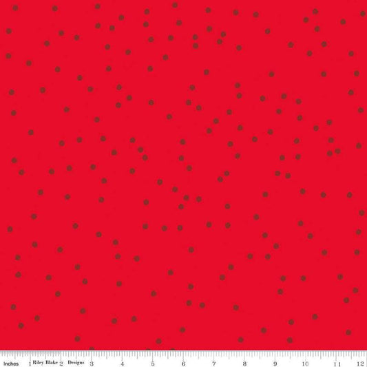 Image of On The Dot Cardinals quilting cotton fabric by Sew Yeah Quilting for Riley Blake Designs. Features dots on a red background. Cute Little Fabric Shop